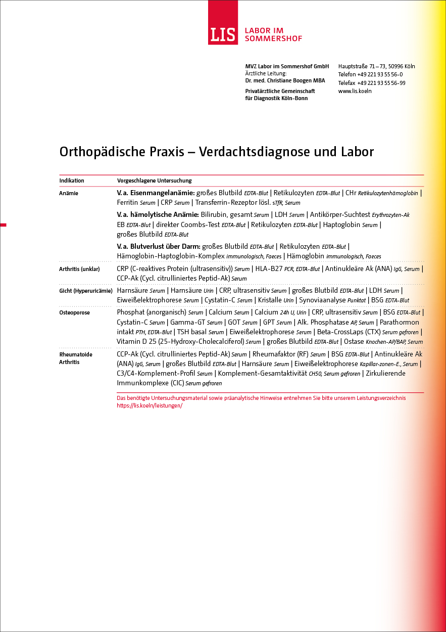 Infoblatt Orthopädische Praxis – Verdachtsdiagnose und Labor