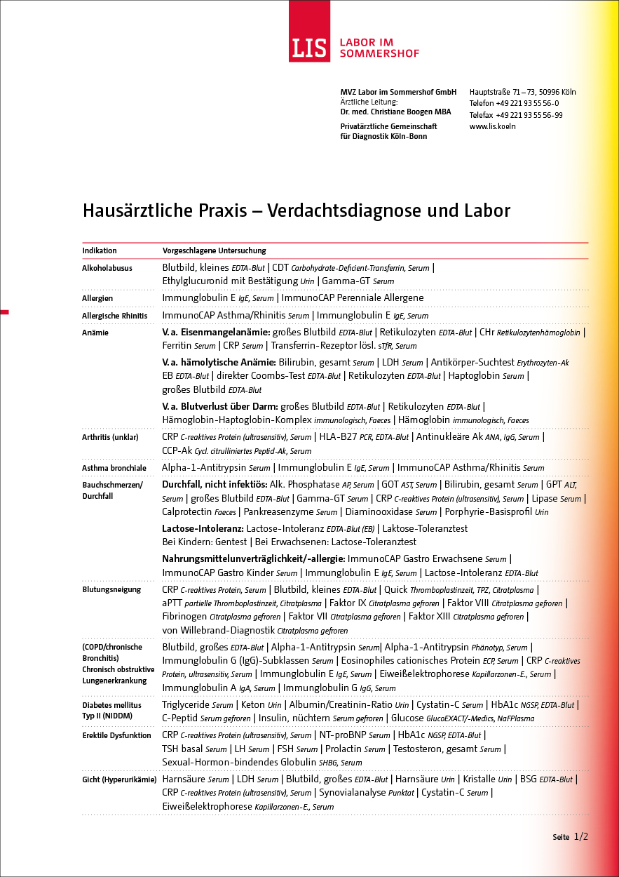 Infoblatt Hausärztliche Praxis – Verdachtsdiagnose und Labor